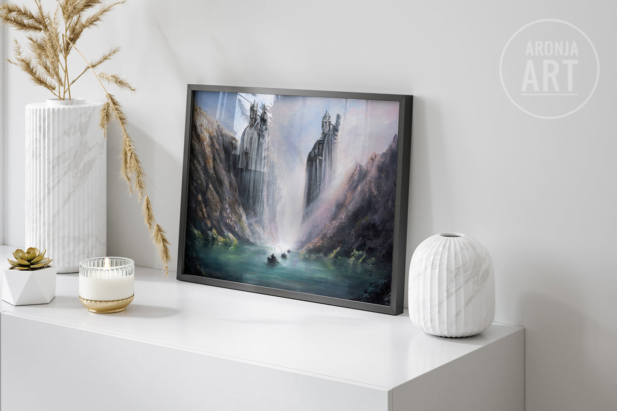 Pillars Of Kings - (Print) depicting a mystical fantasy landscape with towering statues flanking a misty river, hand-painted in rich, detailed acrylics by Aronja-Art.