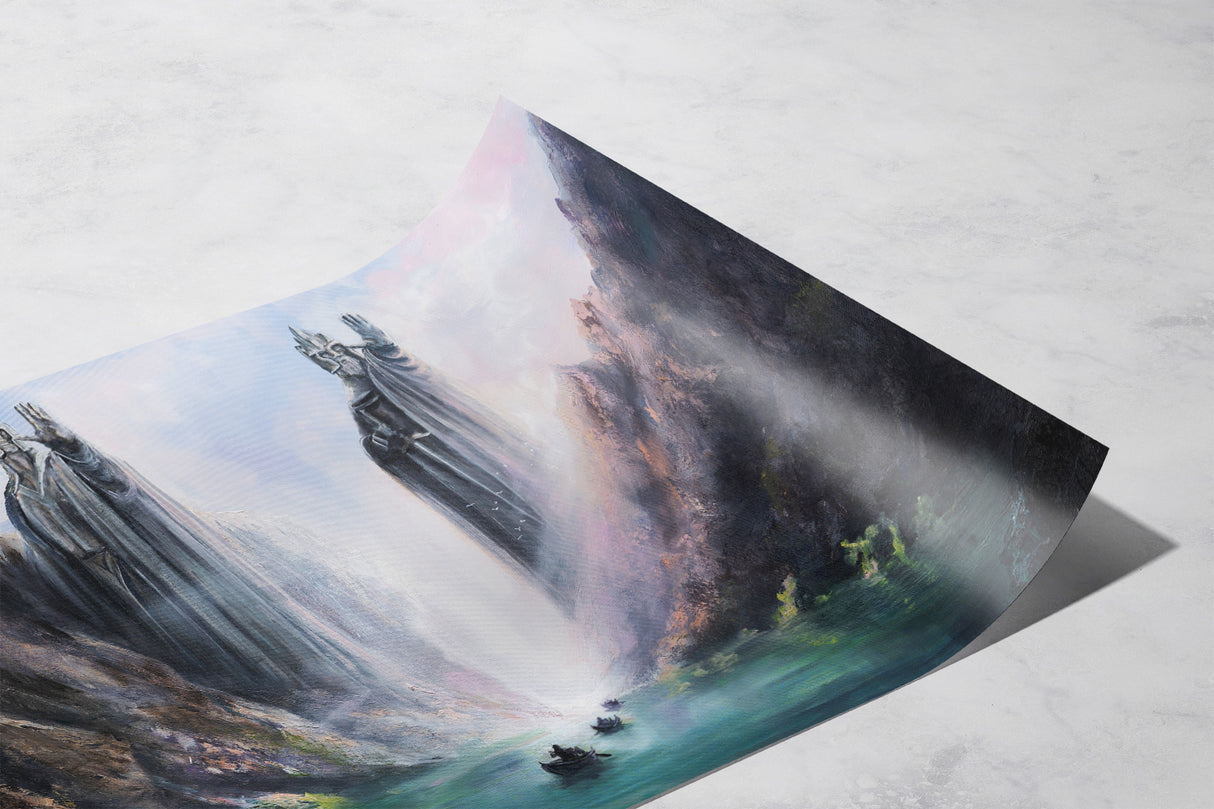 Pillars Of Kings - (Print) featuring a mystical fantasy landscape with towering stone statues over a river valley under a dramatic sky, capturing hand-painted mythical art.