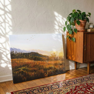 Sunset In The Austrian Alps (Print) art print with traditional painting style, mountain sunset glow.