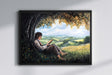 Back Again - (Print) features a hand-painted fantasy art scene of a person reading beneath a large tree, overlooking a lush, mythical landscape with rolling green hills and a bright sky.