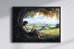 Back Again - (Print) features a hand-painted fantasy art scene of a person reading beneath a large tree, overlooking a lush, mythical landscape with rolling green hills and a bright sky.