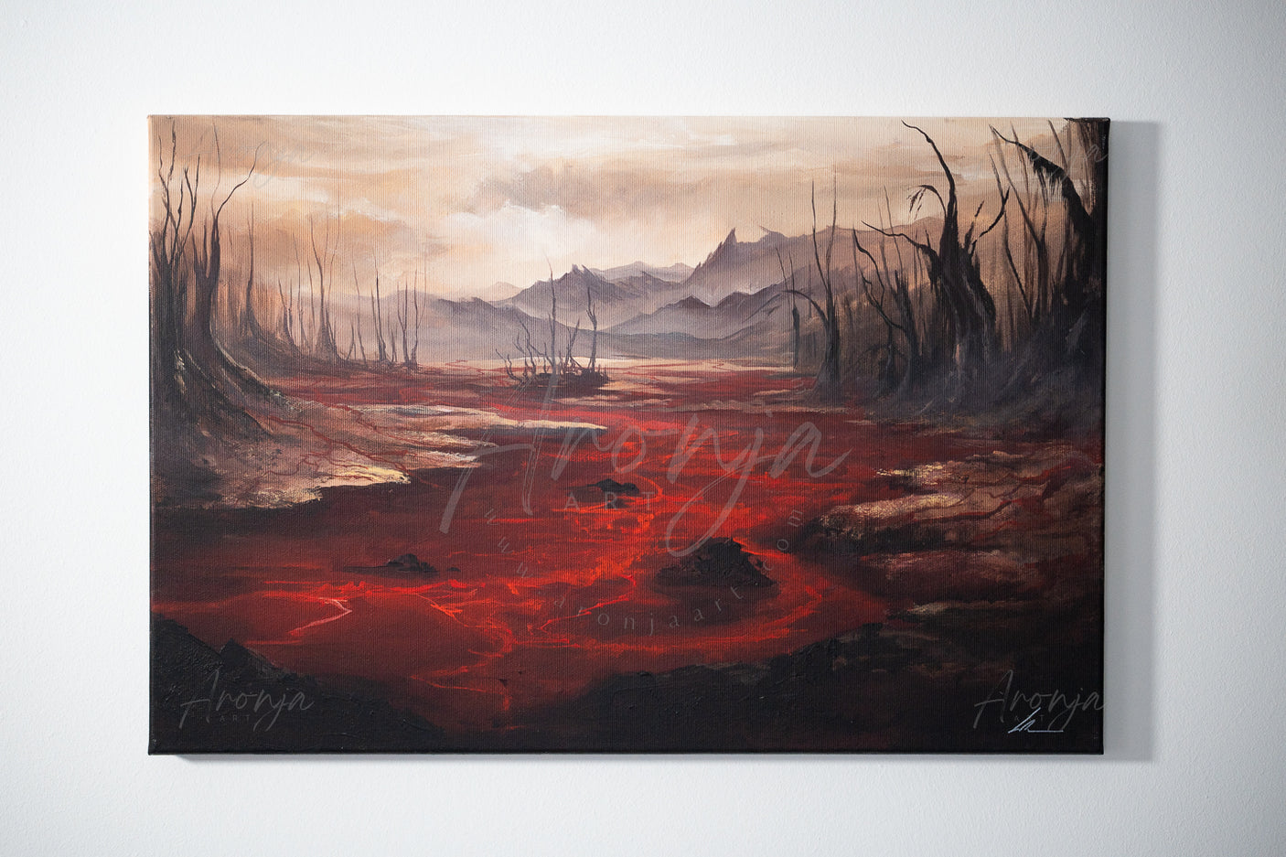 SORCERY Gothic Original Painting "Bloodied Soil" - 60x40cm / Acrylics featuring a dark fantasy landscape with glowing red soil, barren trees, and distant mountains by a fantasy artist, hand-painted with acrylics.