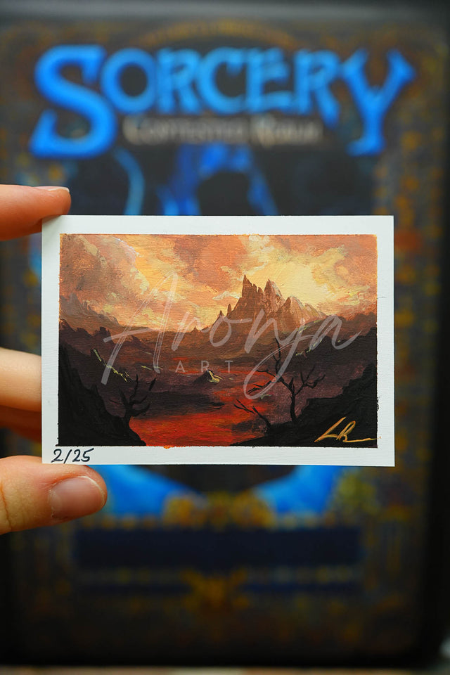 Hand-painted miniature landscape featuring a fiery river flowing through a dark forest with jagged mountains in the distance, Sorcery TCG Artist Proof "River Of Blood" #2/25, fantasy artist acrylic painting inspired by gaming art.