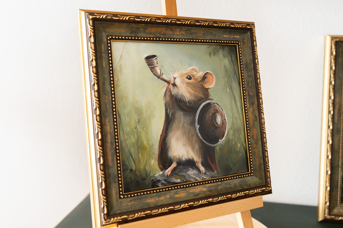 Original framed oil painting with horn and shield depiction in traditional art style on canvas panel