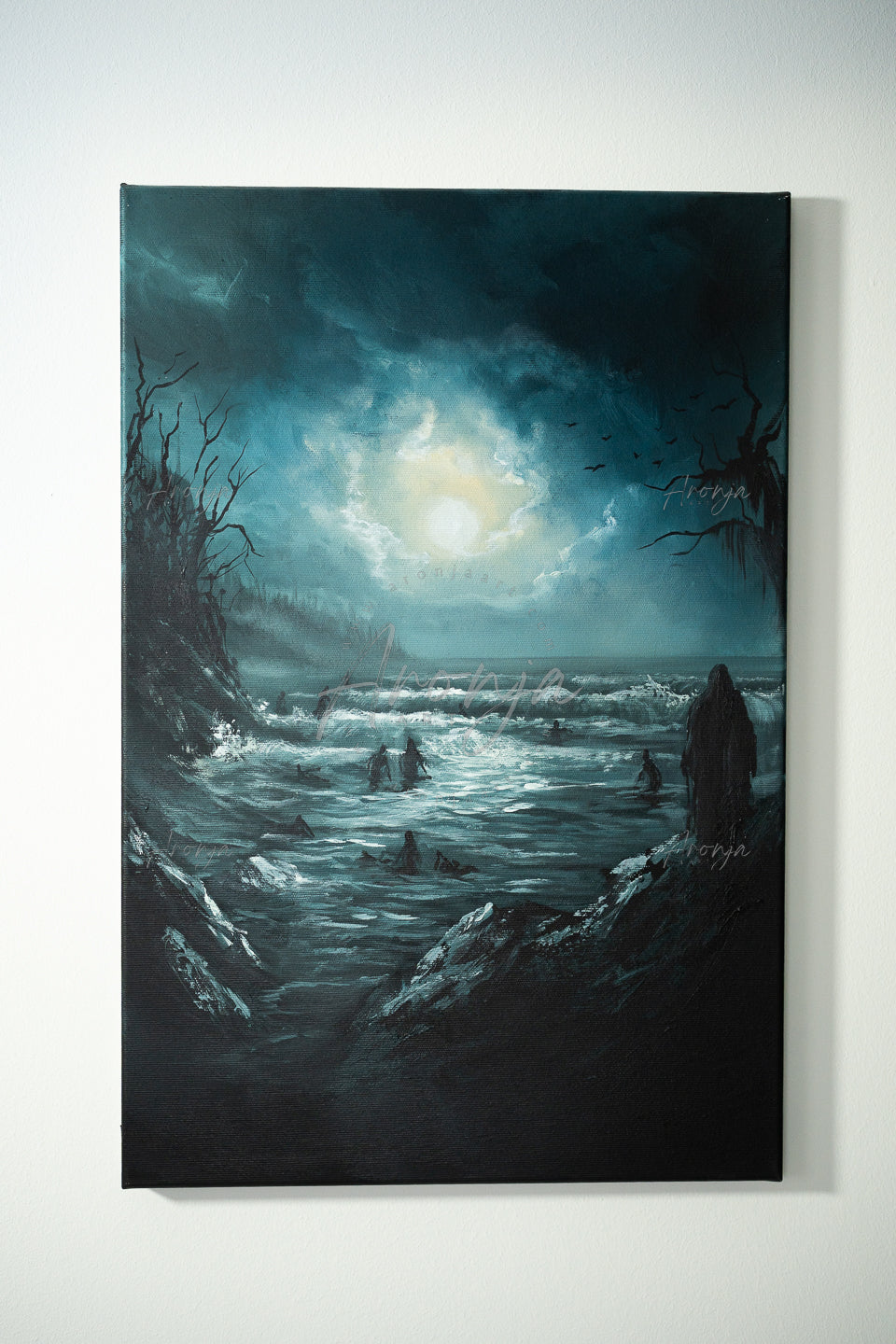 SORCERY Gothic Original Painting "Call Of The Sea" - 60x40cm / Acrylics, hand-painted fantasy art featuring a dark seascape with mysterious figures, traditional artist style.