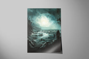 Call Of The Sea - Sorcery TCG Print featuring a moody, hand-painted fantasy landscape with turbulent seas under a glowing moon, combining traditional fantasy artist style and gaming art.