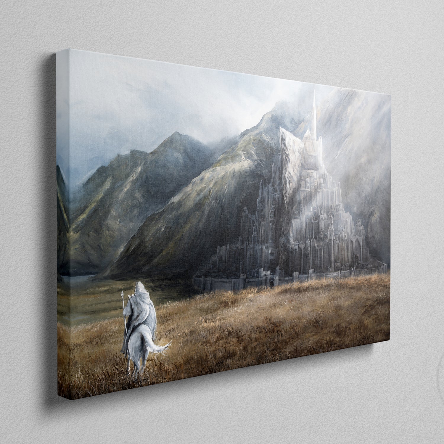 The City Of The Kings - (Print) depicts a mythical landscape with a majestic white horse in the foreground and a towering, fantasy city nestled among misty mountains, inspired by LOTR.