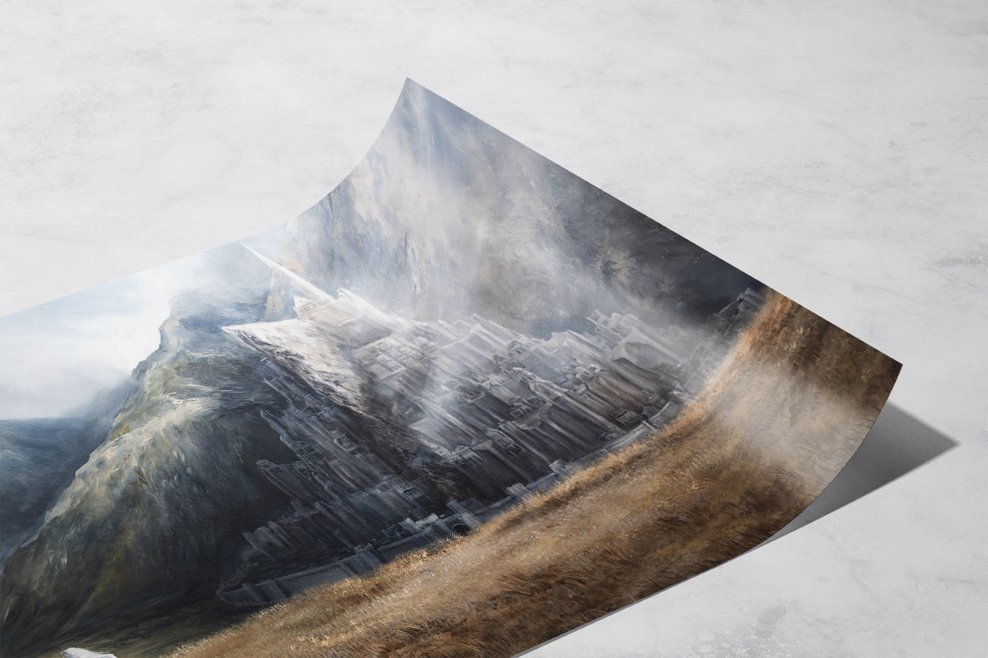 The City Of The Kings - (Print) features a misty, mountainous fantasy landscape inspired by lotr themes, showcasing a detailed mythical city carved into rocky cliffs.
