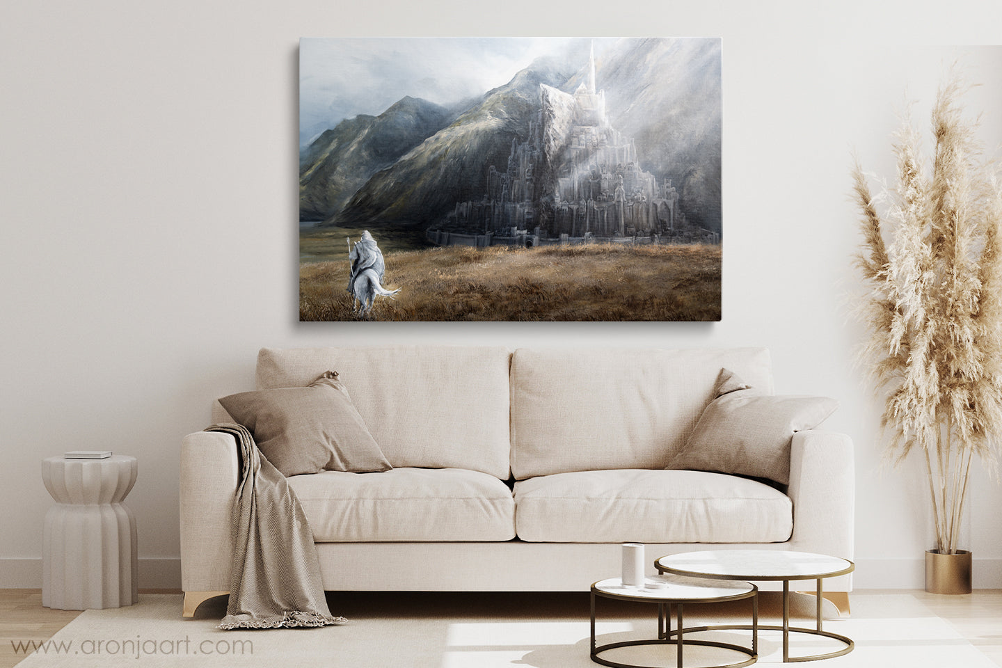 The City Of The Kings - (Print) featuring a misty fantasy landscape with towering mountains, a glowing ancient city, and a lone cloaked figure facing the scene, inspired by LOTR style.