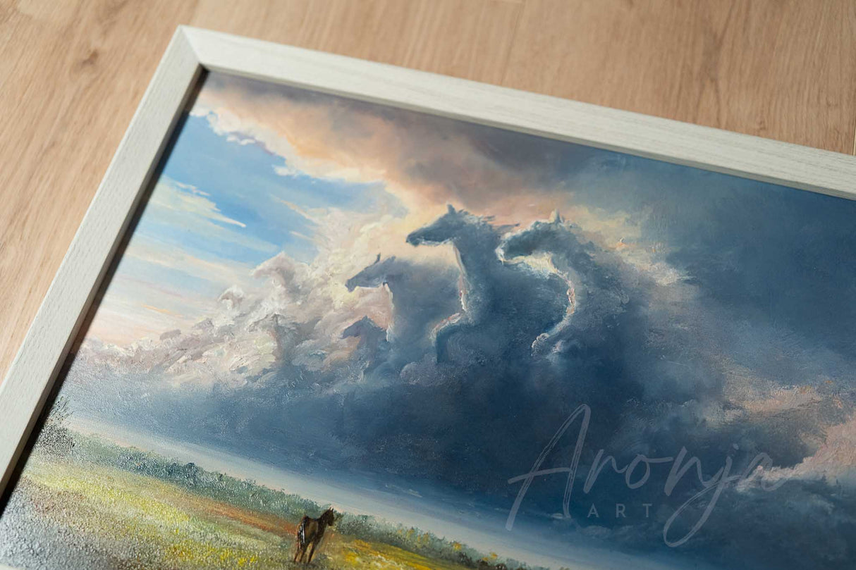 Dreams Of Freedom Original Framed Oilpainting by Aronja-Art, blue and white oil on gesso panel