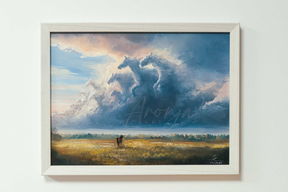 Dreams Of Freedom Original Framed Oilpainting by Aronja-Art, blue oil on gesso panel with white frame
