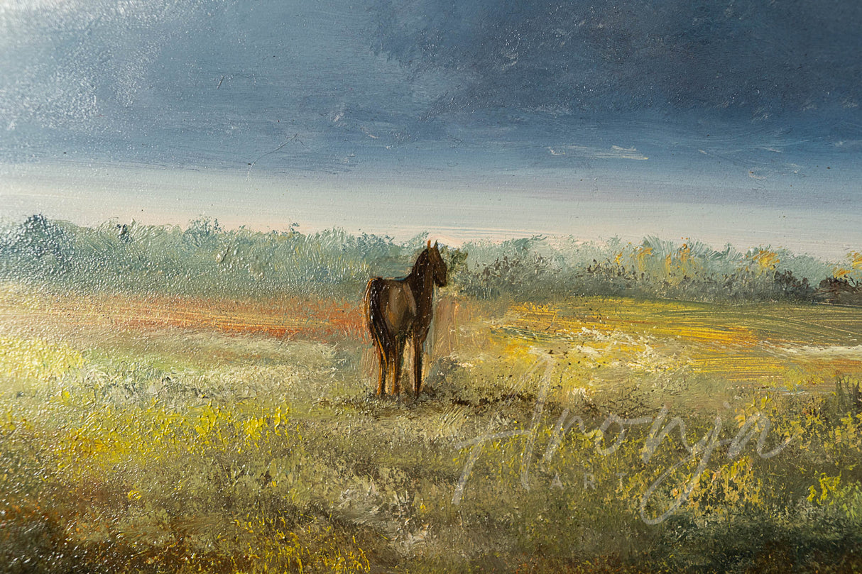Dreams Of Freedom Original Framed Oilpainting by Aronja-Art, oil on gesso panel with blue sky and horse