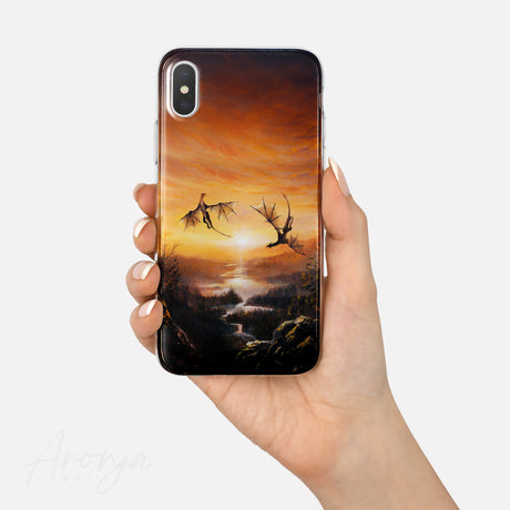 Dance Of Dragons - Phone Case Aronja-Art phone case in sunset orange with dark dragon silhouettes