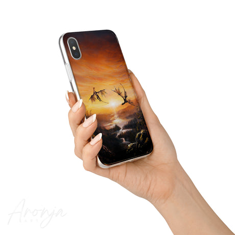 Dance Of Dragons - Phone Case by Aronja-Art phone case in sunset orange with dragon silhouette art.