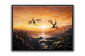 Dance Of The Dragons (Print) depicts two dragons soaring above a winding river at sunset, showcasing a hand-painted fantasy landscape with vibrant warm tones and detailed natural scenery.