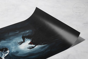 Depression - (Print) features a haunting fantasy art scene with a dark, shadowy creature with glowing red eyes emerging from a misty, blue-toned background.