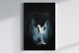 Depression - (Print) depicts a dark, fantasy scene with a cloaked figure crouched beneath a looming shadowy creature with glowing red eyes, evoking themes of struggle and despair.