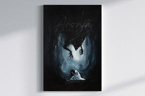 Depression - (Print) depicts a dark, fantasy scene with a cloaked figure crouched beneath a looming shadowy creature with glowing red eyes, evoking themes of struggle and despair.