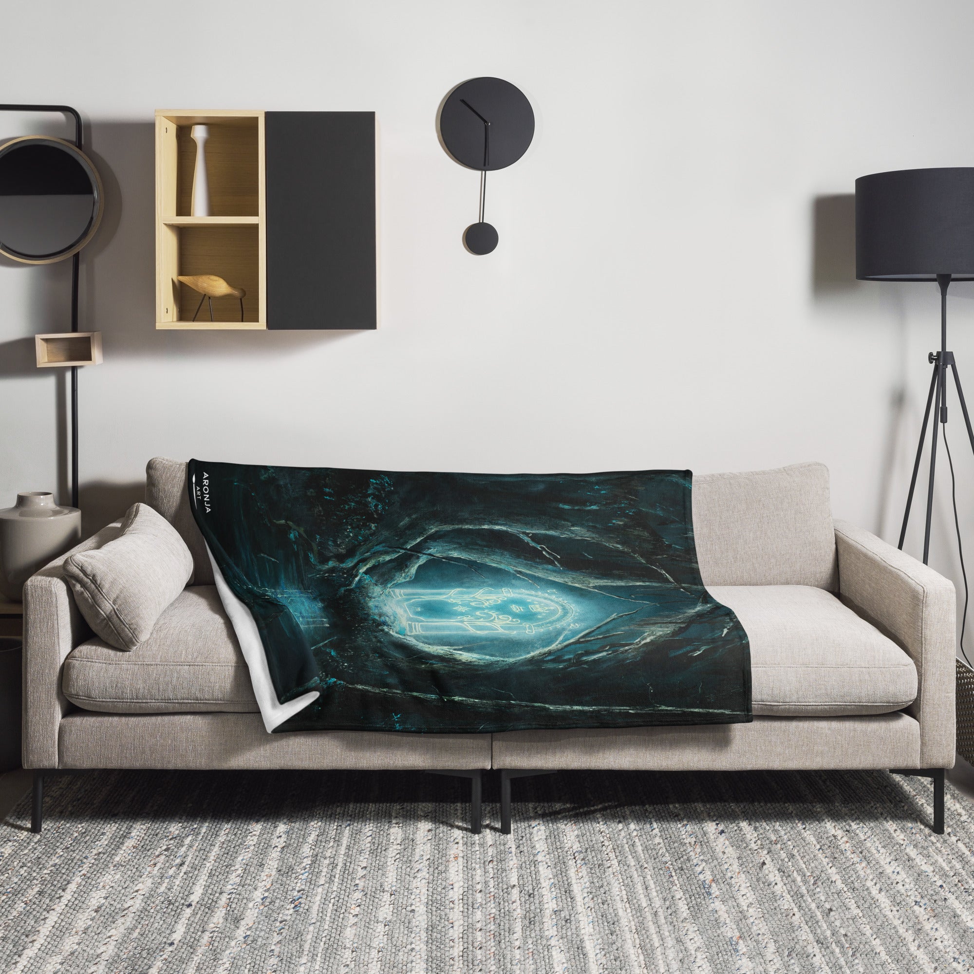 The Glowing Door - Blanket fantasy art teal and blue blanket draped on a beige sofa