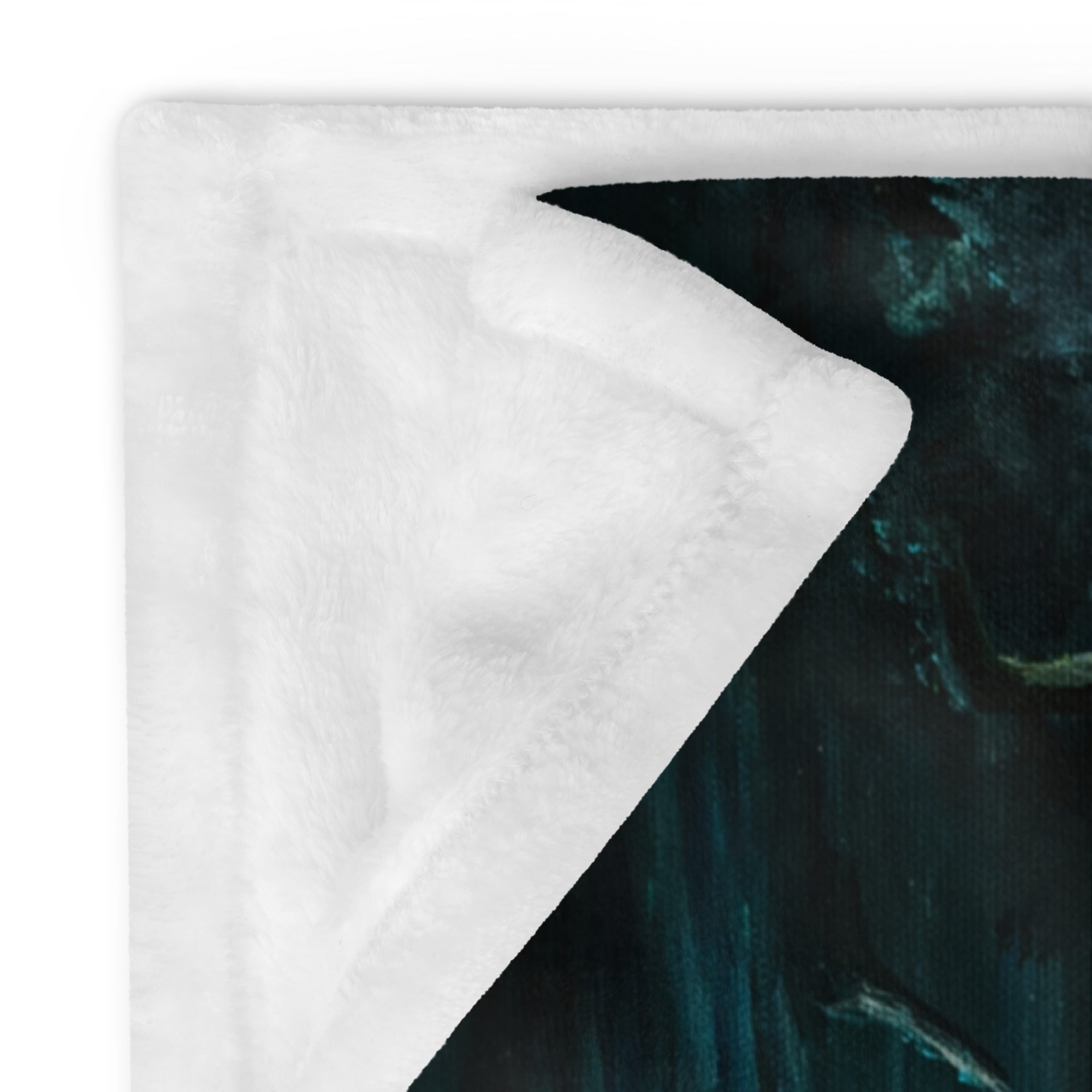 The Glowing Door - Blanket fantasy art in white and dark teal with soft textured fabric edge