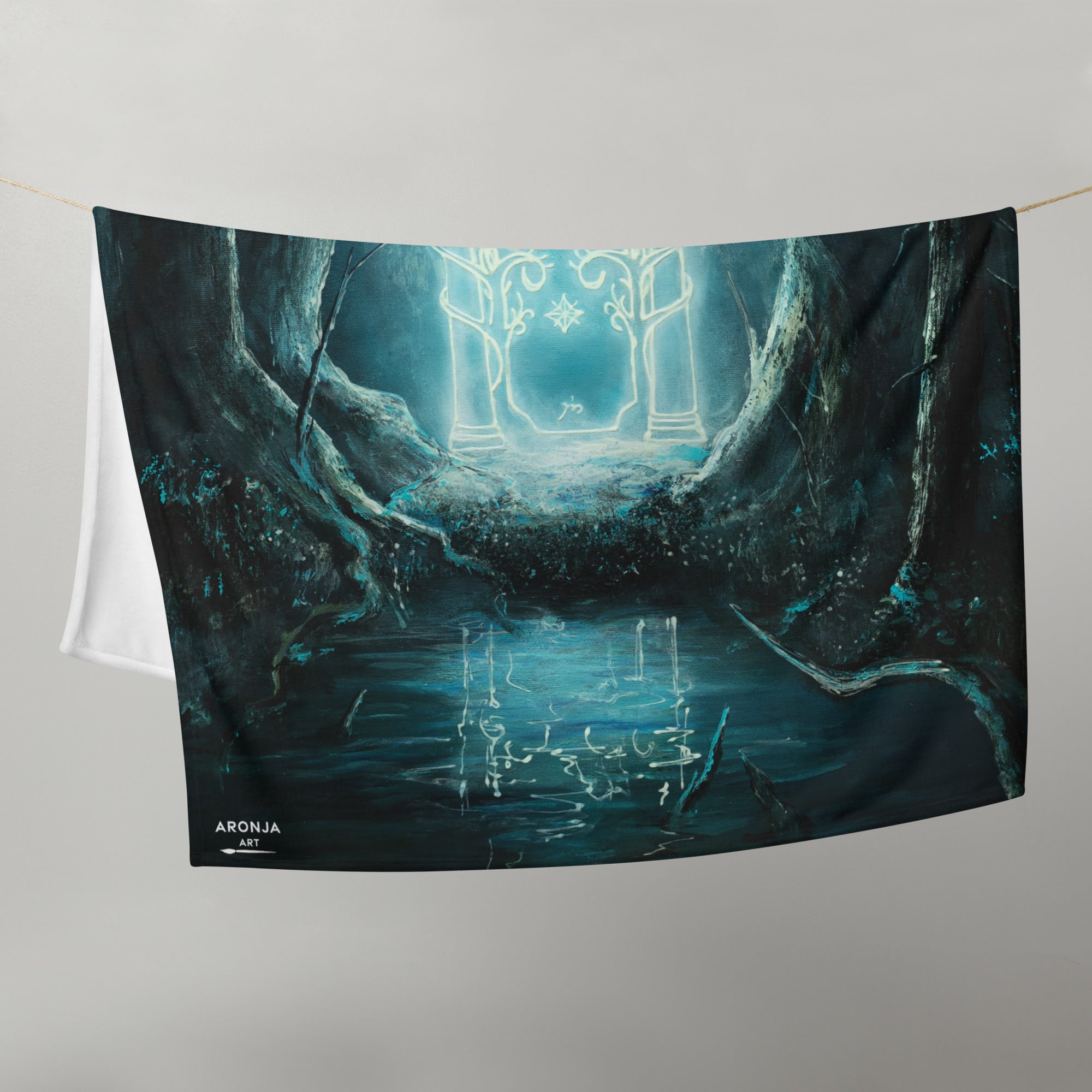 The Glowing Door - Blanket fantasy art teal and blue glowing doorway scene on a draped cloth
