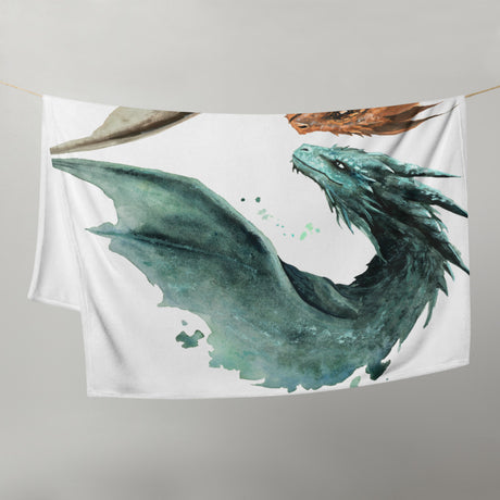 Dragonheart - Blanket with fantasy art dragon in teal and white on a soft hanging throw