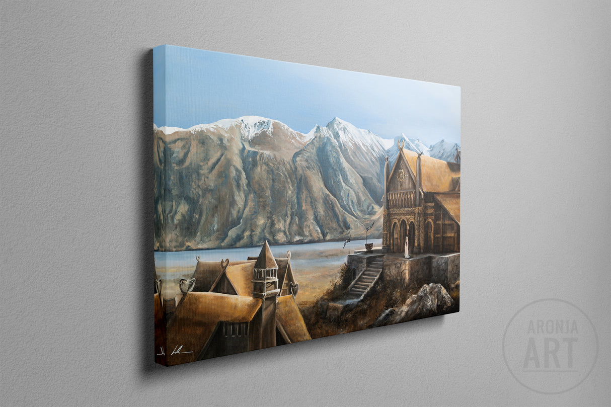 The Golden Hall - (Print) depicts a detailed fantasy landscape with a majestic hall overlooking a serene lake surrounded by towering snow-capped mountains, rendered in warm earthy tones.