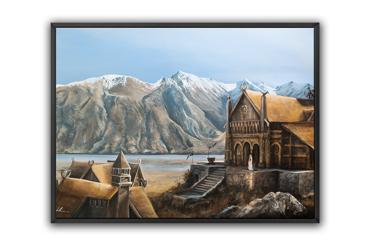The Golden Hall - (Print) features a detailed fantasy landscape painting of a majestic hall with Viking-inspired architecture set against snow-capped mountains and a serene fjord.