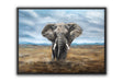 Elephant (Print) showcasing a majestic hand-painted wildlife art piece of an elephant standing in a vast natural landscape under a cloudy sky, by Aronja-Art.