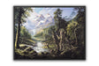 At the Edge of the Forest (Print) depicts a mythical landscape with towering mountains, lush forests, a cascading waterfall, and an ancient tree creature blending with nature in a hand-painted fantasy art style.