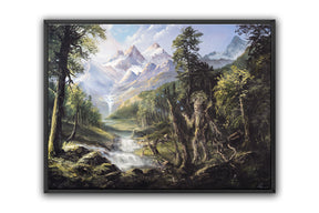 At the Edge of the Forest (Print) depicts a mythical landscape with towering mountains, lush forests, a cascading waterfall, and an ancient tree creature blending with nature in a hand-painted fantasy art style.