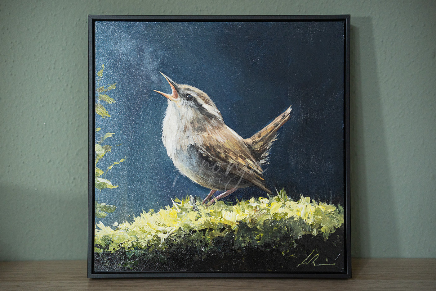 Frosty Melody- Framed Acrylicpainting by Aronja-Art, fantasy art framed acrylic painting with blue bird