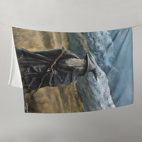 The Grey Wizard - Blanket in blue and grey, fantasy art wizard scene with textured fabric weave