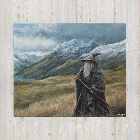The Grey Wizard - Blanket fantasy art landscape in blue and gray with wizard standing on mountains