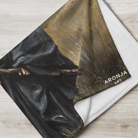 The Grey Wizard - Blanket dark grey and gold fantasy art wizard illustration on textured fabric, folded on light wood
