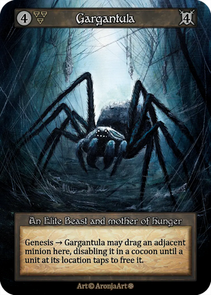 Sorcery TCG Artist Proof "Gargantula" #2/25 features a dark fantasy creature with a large spider in a web-filled lair, showcasing fantasy and gaming art inspired by Sorcery TCG and nature.