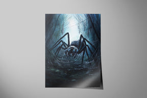 Dark, hand-painted fantasy art print titled Gargantula - Sorcery TCG Print featuring a large spider in a mystical forest web setting, inspired by traditional fantasy and gaming art.