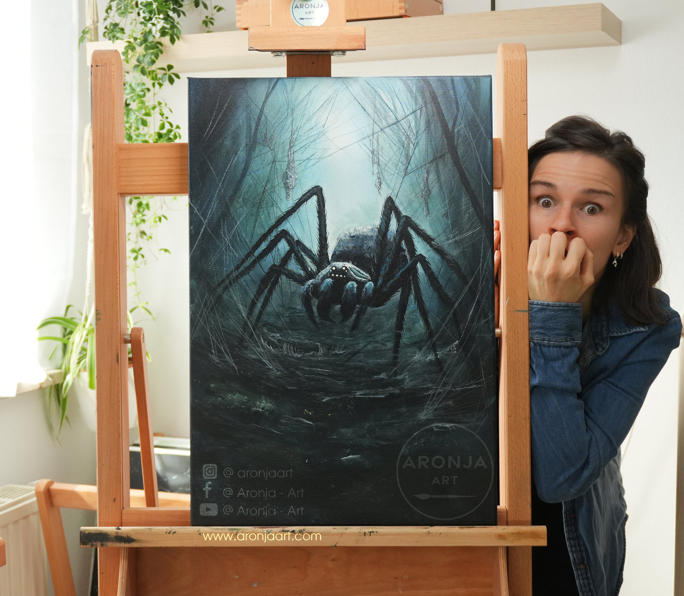 SORCERY Gothic Original Painting "Giant Spider" - 60x40cm / Acrylics depicting a hand-painted gothic fantasy scene with a giant spider in a dark, misty forest by a fantasy artist specializing in traditional fine art and gaming art.