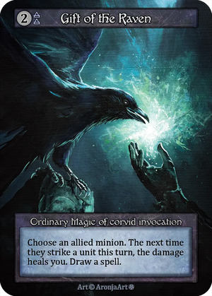 Sorcery TCG Artist Proof "Gift Of The Raven" #2/25 features hand-painted fantasy art of a raven offering a glowing magical gift to a silhouetted hand, inspired by traditional and gaming art styles.