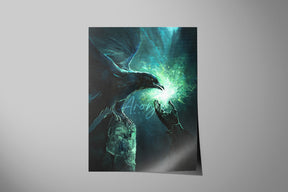 Dark fantasy-themed print featuring a raven and a glowing magical orb held by a mysterious hand in a mystical landscape, titled Gift Of The Raven - Sorcery TCG Print, fantasy artist, hand-painted acrylic painting inspired by gaming art and nature.