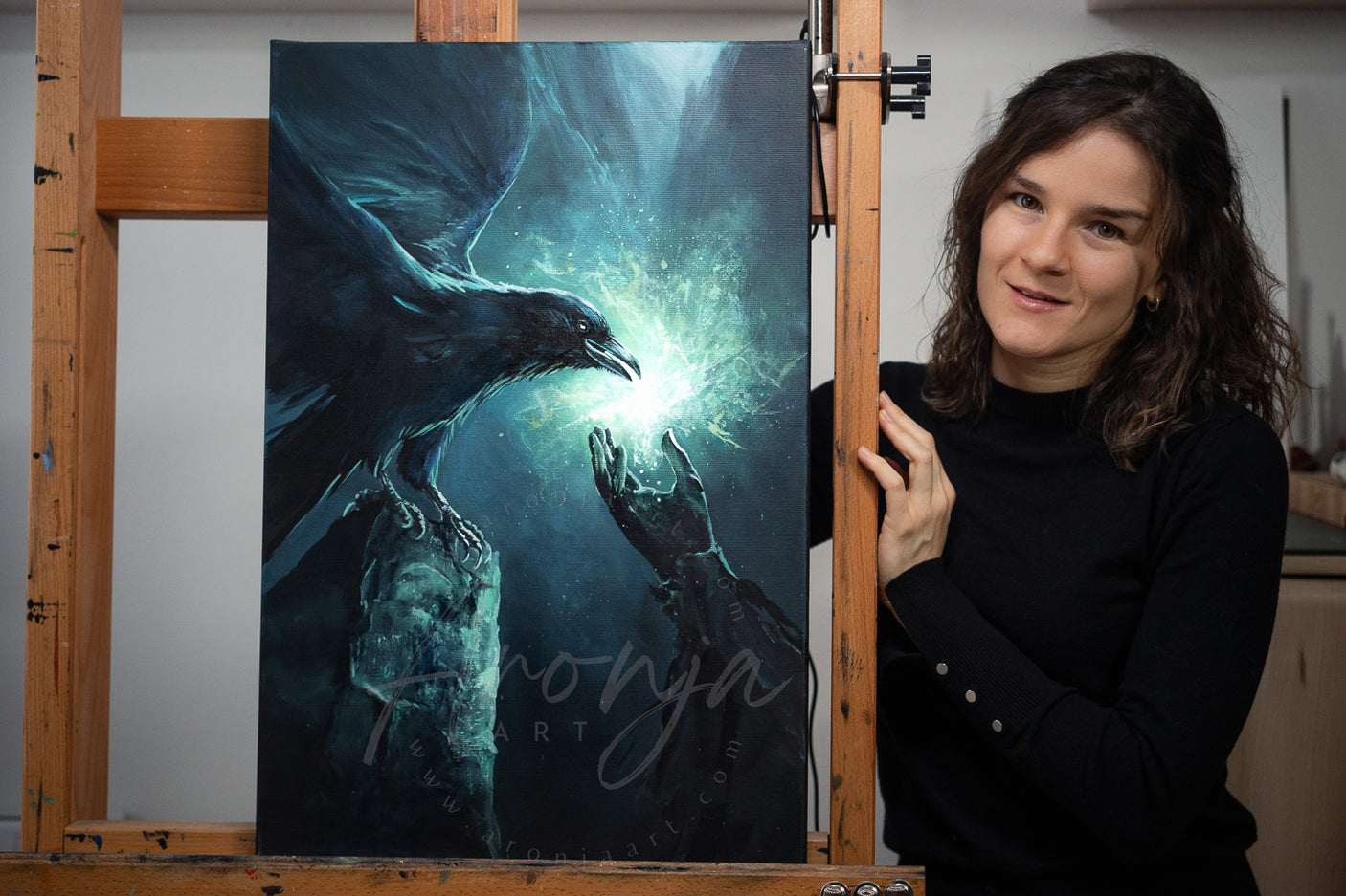 SORCERY Gothic Original Painting "Gift Of The Raven" - 60x40cm / Acrylics featuring a hand-painted fantasy scene of a raven and glowing magical light by a traditional artist specializing in gaming art and creatures.
