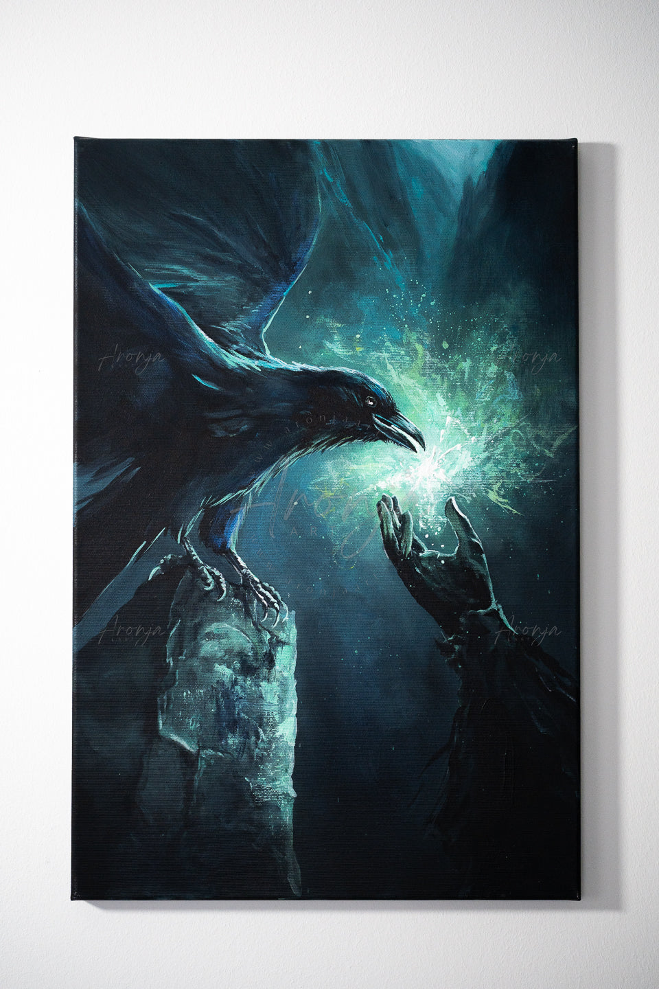 SORCERY Gothic Original Painting "Gift Of The Raven" - 60x40cm / Acrylics depicting a mystical raven perched on a stone, reaching towards a glowing magical light in a hand, fantasy artist hand-painted acrylic painting inspired by gaming art and nature.