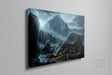 Defeat of the Beast - (Print) depicts a dramatic fantasy scene with a large, dark dragon resting near a rocky river under stormy skies, surrounded by towering mountains and intense fiery light.