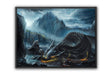 Defeat of the Beast - (Print) depicts a dramatic fantasy scene with a massive dark dragon resting among jagged mountain cliffs under a stormy sky, rendered in a detailed hand-painted style.