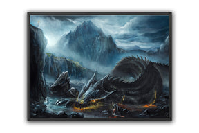 Defeat of the Beast - (Print) depicts a dramatic fantasy scene with a massive dark dragon resting among jagged mountain cliffs under a stormy sky, rendered in a detailed hand-painted style.
