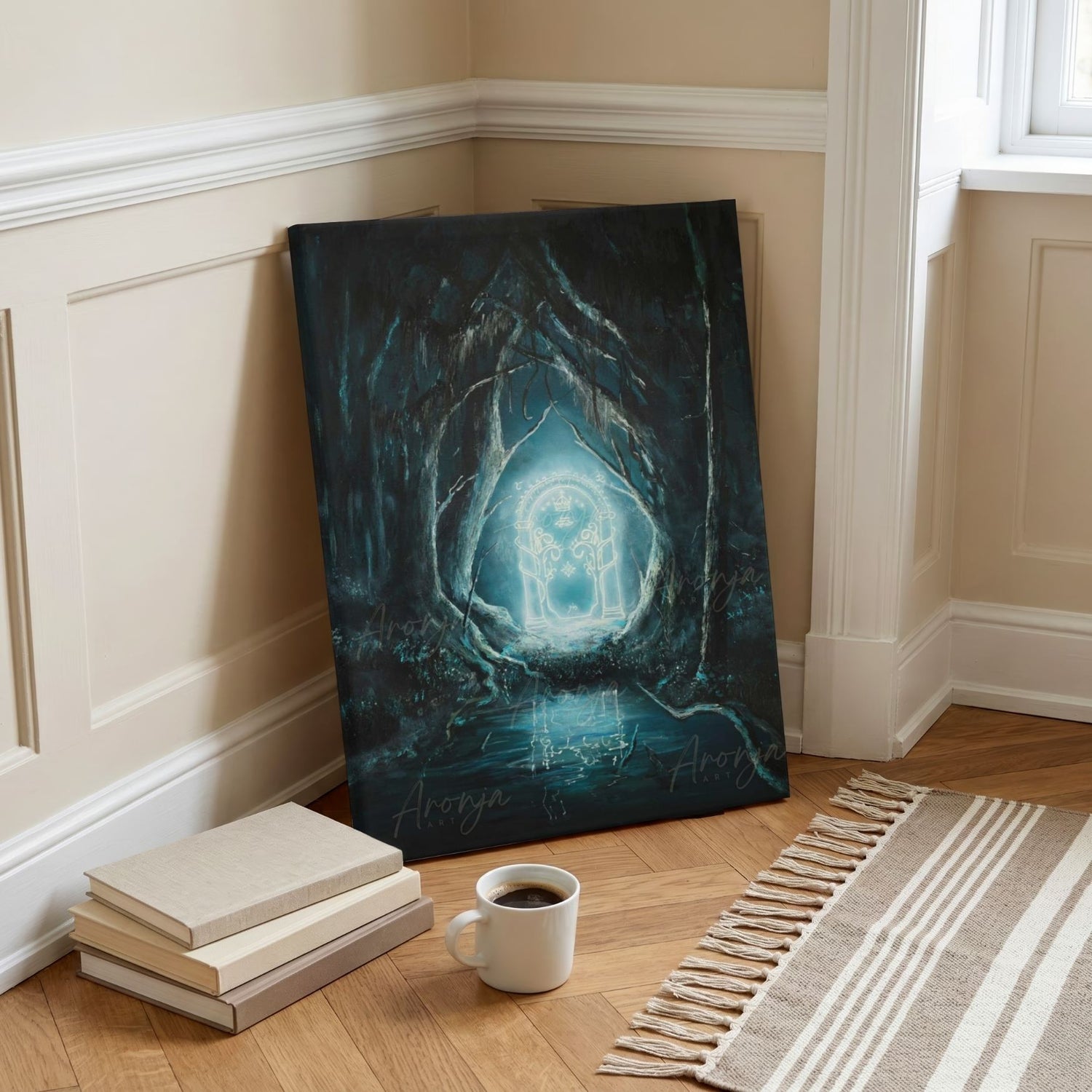 The Glowing Door - (Print) by Aronja-Art art print in teal-blue fantasy art with a glowing doorway