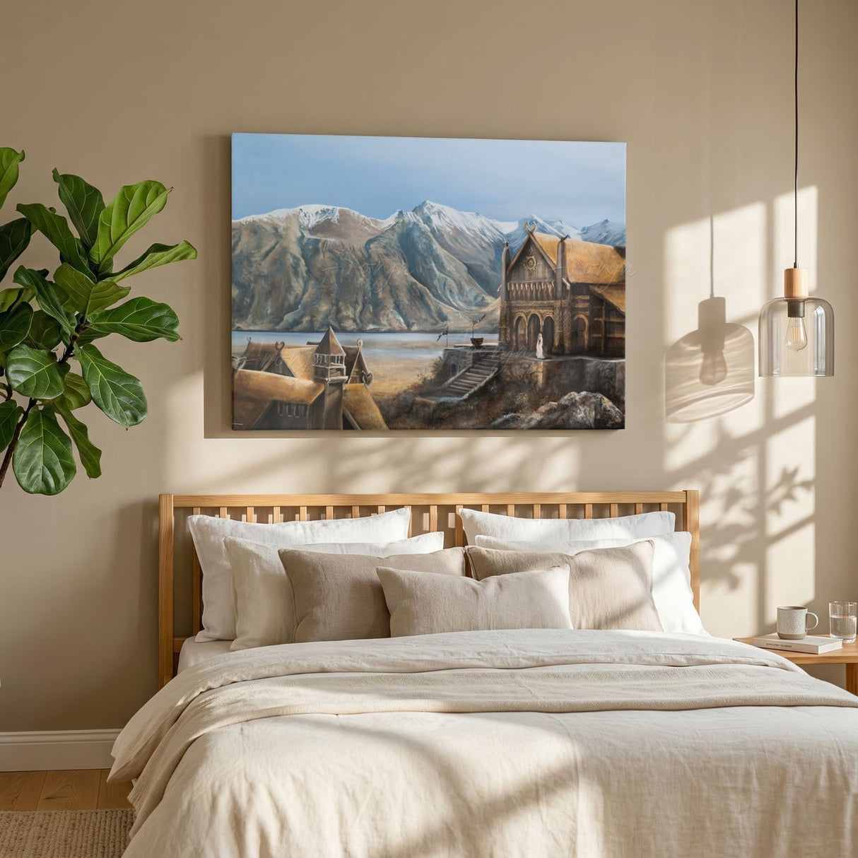 The Golden Hall - (Print) by Aronja-Art framed art print with mountains and a church scene in warm light