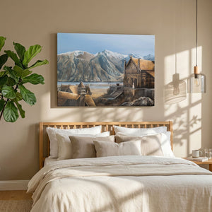 The Golden Hall - (Print) by Aronja-Art framed art print with mountains and a church scene in warm light