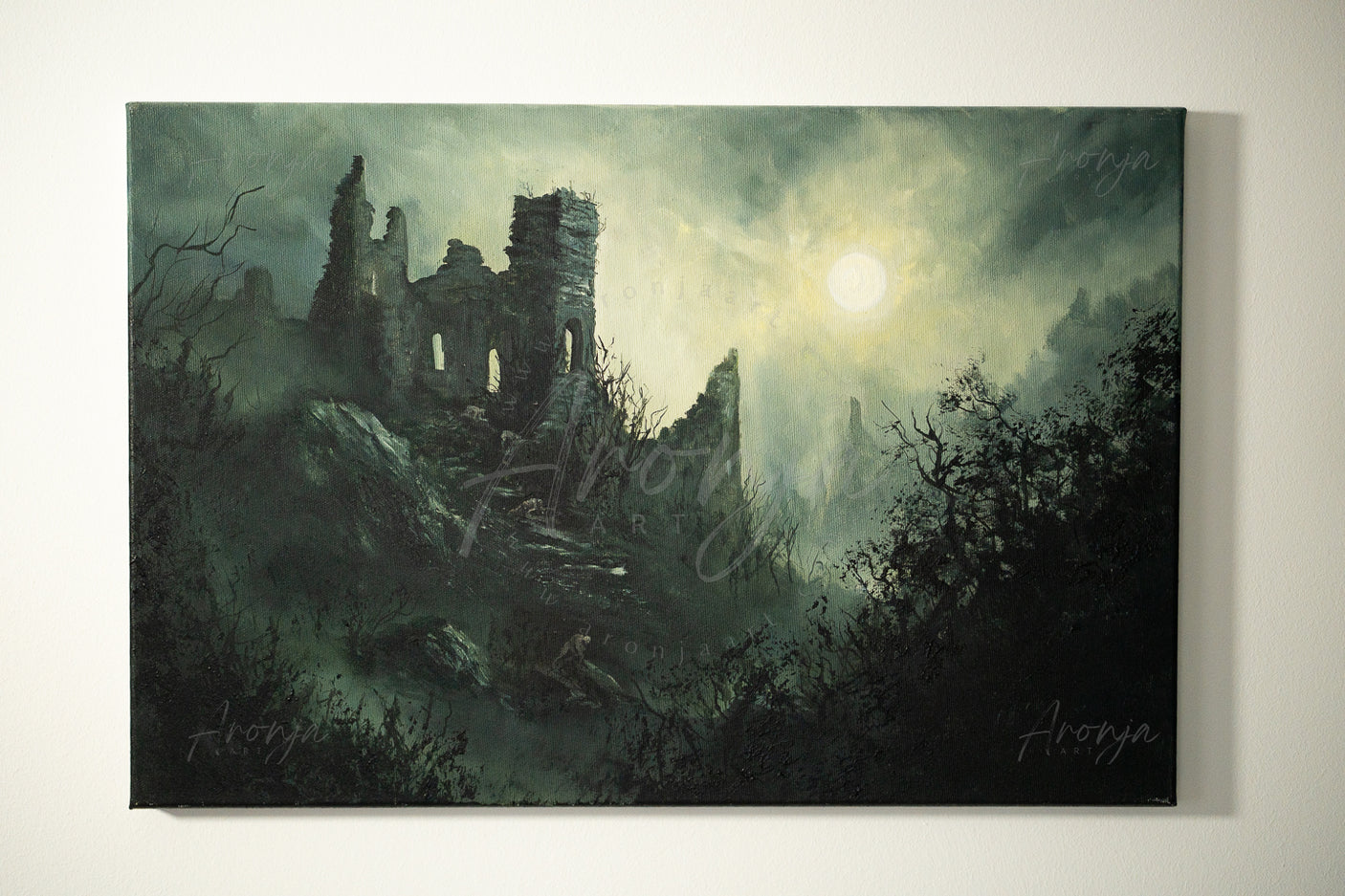 SORCERY Gothic Original Painting "Silent Hill" - 60x40cm / Acrylics depicts a haunting fantasy landscape featuring ruins under a glowing moon, created by a fantasy artist with acrylic paints.