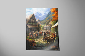 Detailed hand-painted fantasy landscape of a vibrant autumn village market set against mountain scenery, capturing the spirit of the Harvest Festival - Sorcery TCG Print, inspired by traditional art and nature.